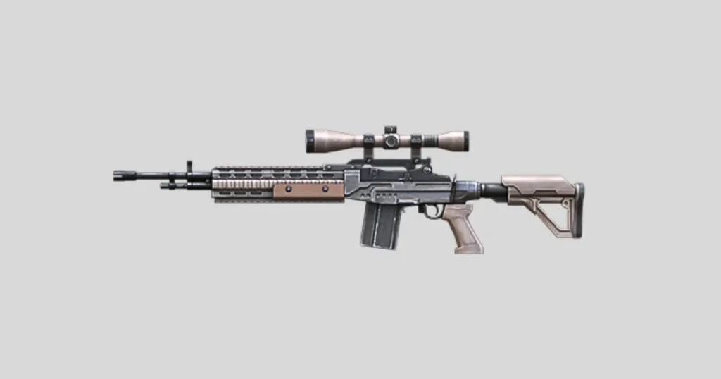 A detailed illustration of a modern free fire marksman rifle equipped with a scope, set against a grey background.