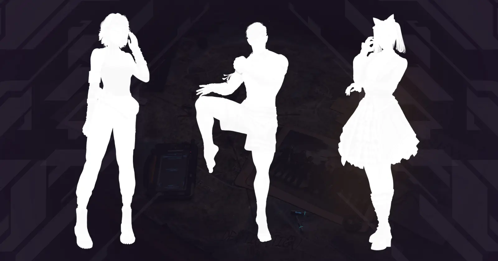 Three mysterious silhouettes performing on a dark, abstract background; each showcasing a different standing style