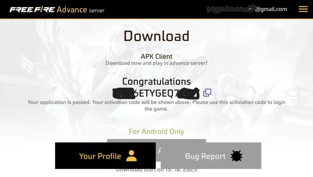 free fire advance server download option and activation code