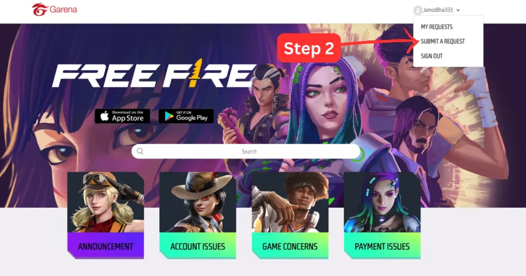 free fire support official site home page screenshot