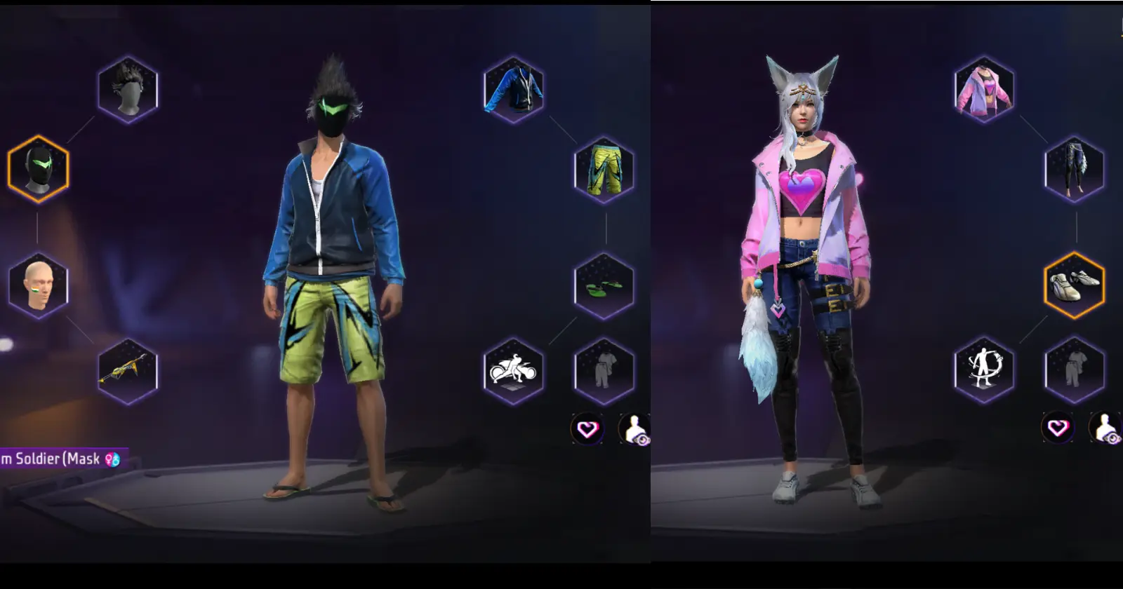 The male character on the left and the female character on the right wearing stylish dress combination in free fire game