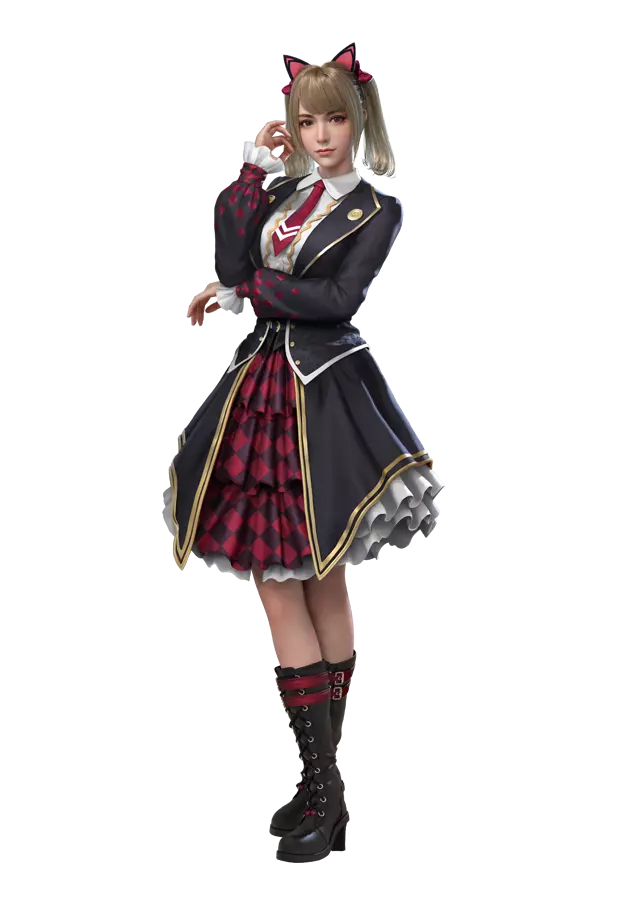 free fire Caroline character in school uniform, black blazer, white-trimmed, red tie, checkered skirt.