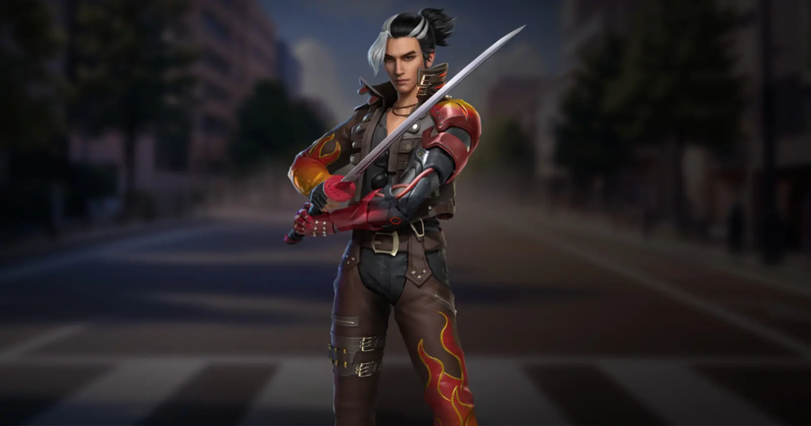 The armored Hayato character in red and black, sword ready, stands on an empty urban street.