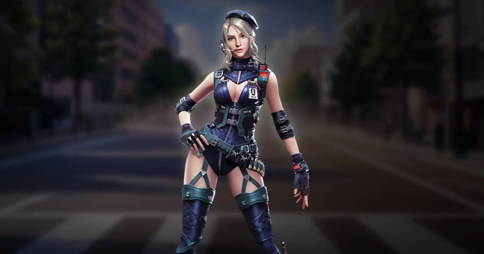 Laura, a character from the Free Fire game, stands wearing stylish clothes against a dark, blurred street background.