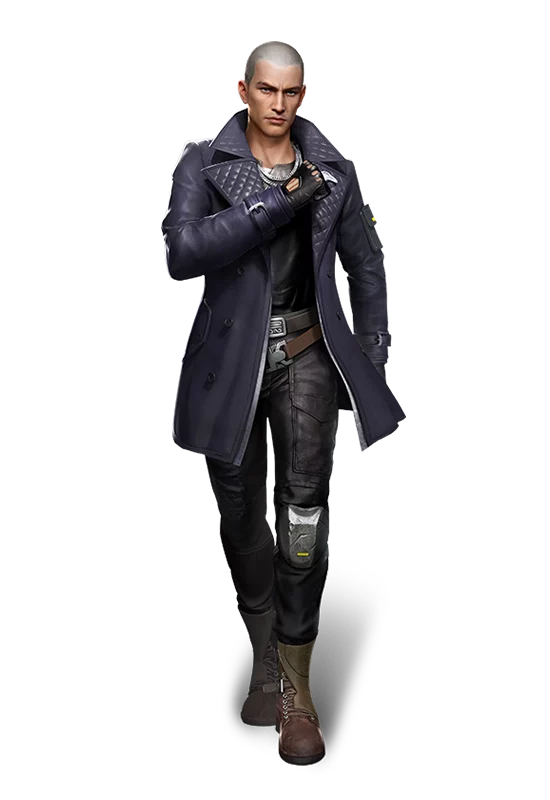 Free Fire Rafael character, a bald man wearing a dark blue long jacket, transparent background