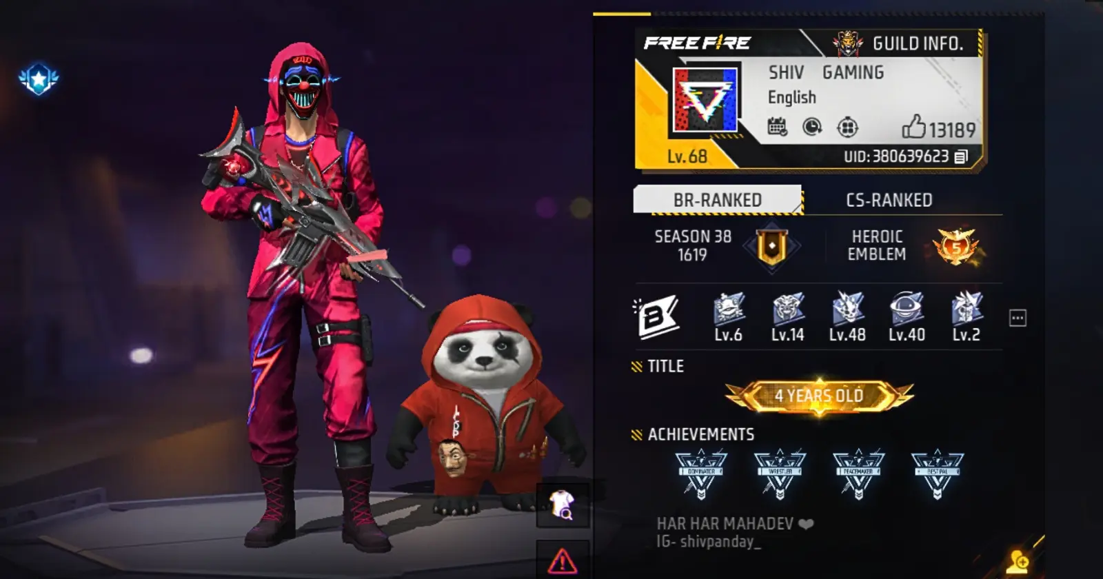 Shiv Gaming Free Fire UID profile screenshot, character wearing red criminal bundle and holding a gun.