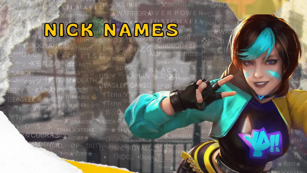 A free fire character in gaming attire, a backdrop of various gaming stylish nicknames.