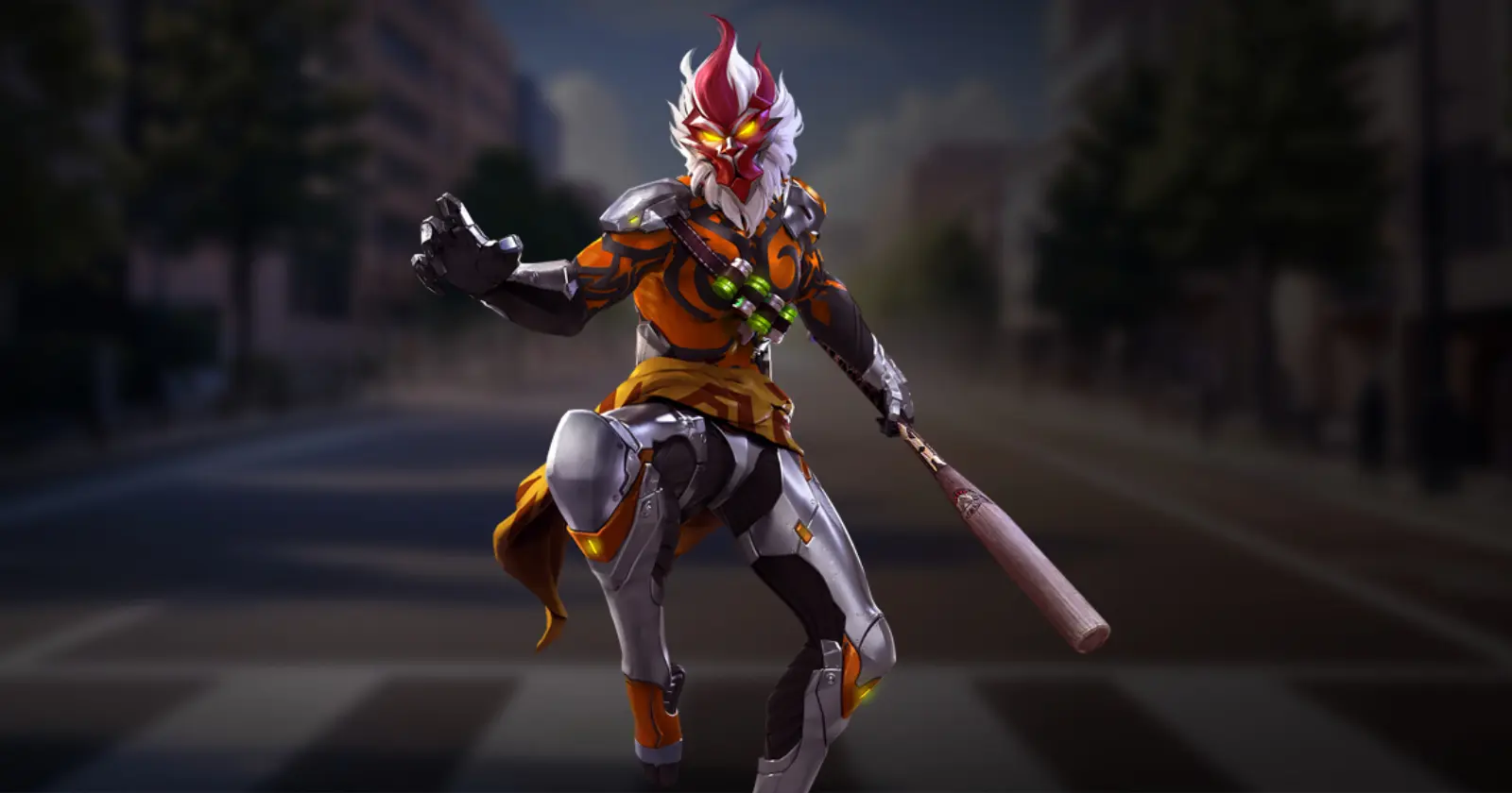 wukong character with a white and red mask, wearing an orange and grey armor, holding a baseball bat, background is blur street.