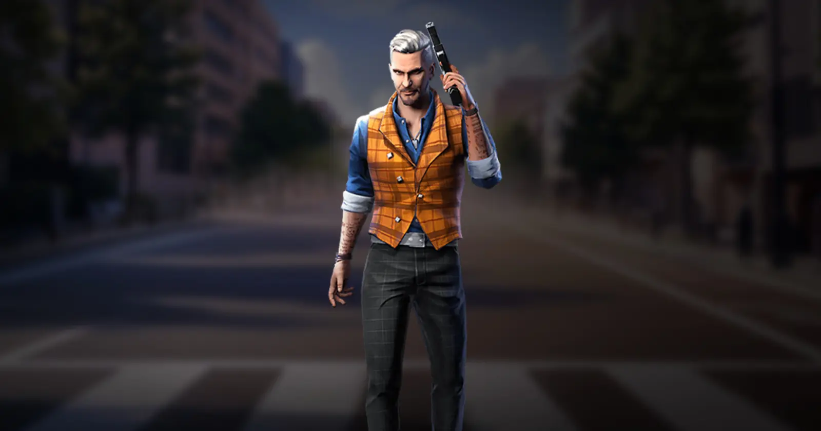 A joseph with gray hair and tattoos, wearing an orange vest and blue shirt, holds a handgun to his head while standing on street.